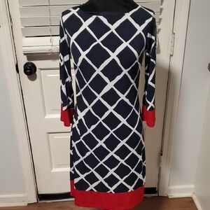 Enfocus Studio Navy and White Long Sleeve Dress with Red Accents